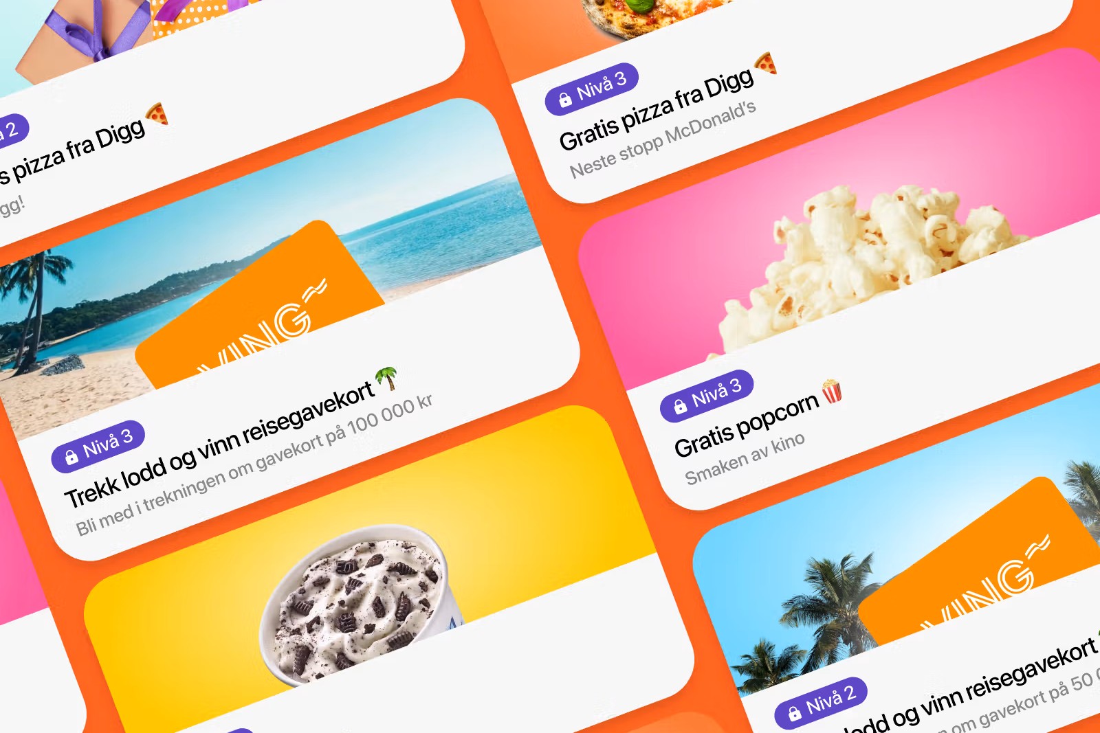 Eksempler på fordeler i Vipps VIP, blant annet reisegavekort, pizza og kinofordeler.